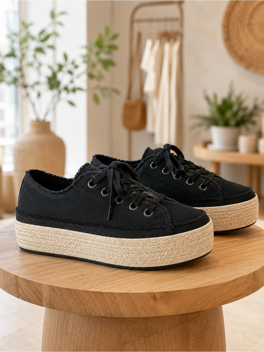 Converse Black Platform Espadrille Sneakers with Natural Jute Midsole